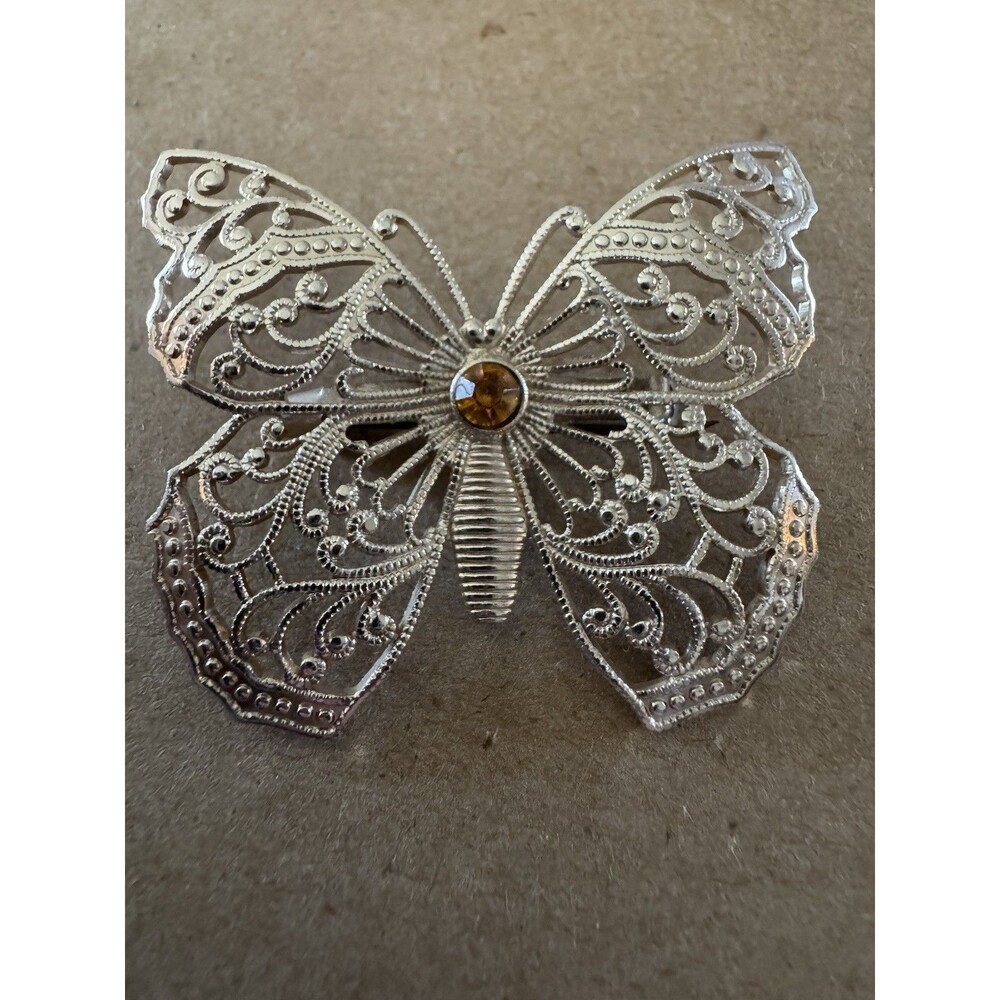 Butterfly Filigree Made In Germany Rhinestone Pin Brooch, Signed, Vtg